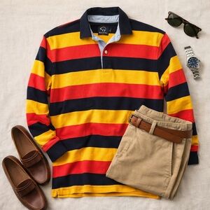 Brooks Bros Vtg Striped Rugby Long Sleeve Polo Shirt. Red Blue Orange Mens Large